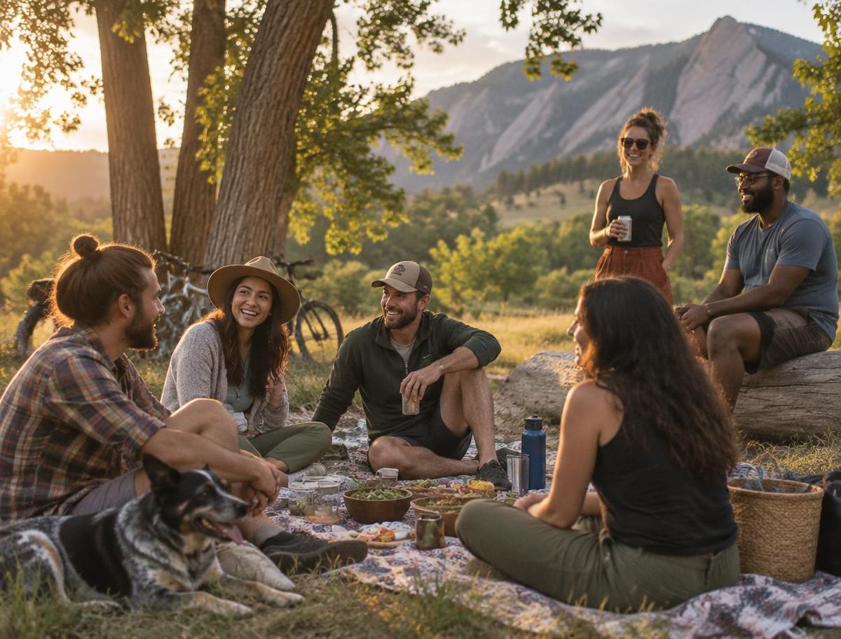 Friends gathering outside beneath the Flatirons in Boulder