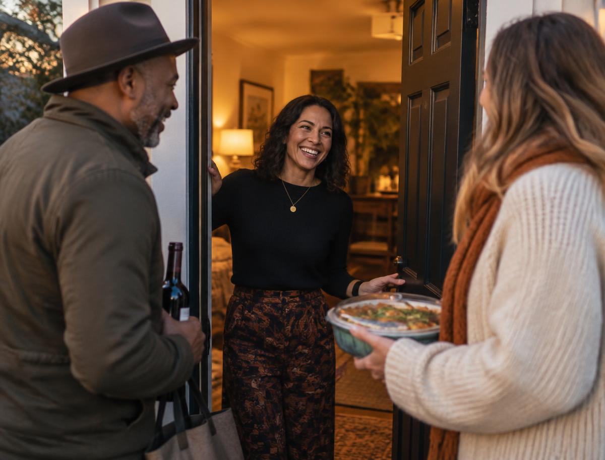 A host warmly welcoming neighbors into her home